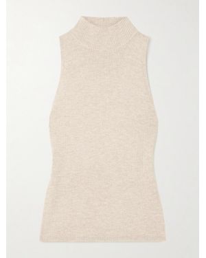 Brunello Cucinelli Metallic Ribbed-Knit Turtleneck Tank - Natural