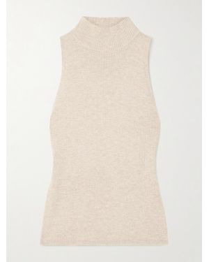 Brunello Cucinelli Metallic Ribbed-Knit Turtleneck Tank - Natural