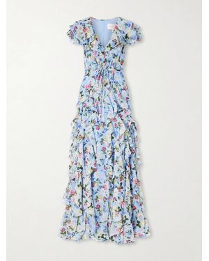 Carolina Herrera Ruffled Floral-Printed Silk Chiffon Gown - Blue