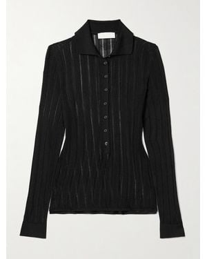 Veronica de Piante Lydia Pointelle-Knit Mulberry Silk Polo Sweater - Schwarz