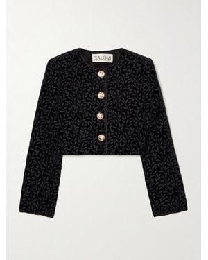Saloni Vika Cropped Satin-Trimmed Velvet-Jacquard Jacket - Black