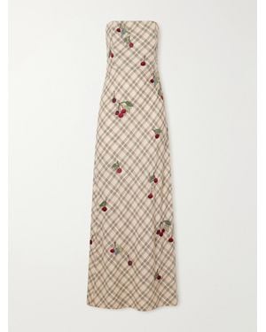 BERNADETTE Luna Bead-Embellished Checked Wool-Jacquard Bustier Gown - Natural