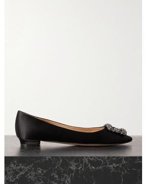 Manolo Blahnik Hangisi Crystal-Embellished Satin Point-Toe Flats - Black