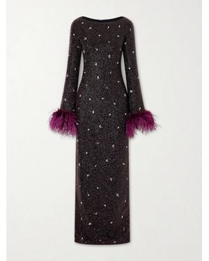 Clio Peppiatt Mae Feather-Trimmed Embellished Beaded Tulle Gown - Schwarz