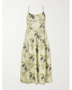 Doen Benoit Tiered Gathered Floral-Print Ramie Midi Dress - White