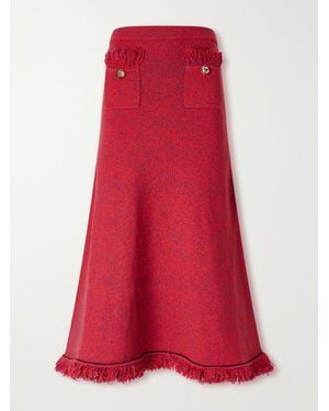 Self-Portrait Frayed Bouclé-Knit Midi Skirt - Red