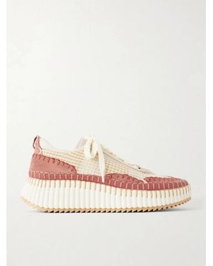 Chloé Nama Embroidered Suede And Recycled-Mesh Trainers - Natural