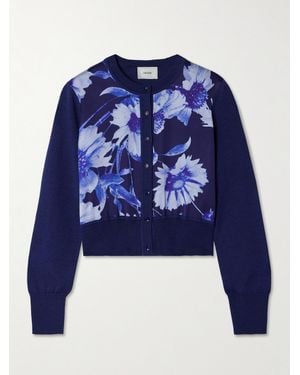 Erdem Cardigan Aus Merinowolle Und Satin Mit Blumenprint - Blau