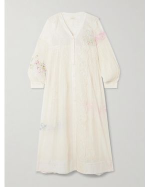 Eka Viola Lace-Trimmed Printed Embroidered Cotton And Silk-Blend Voile Midi Dress - Natural