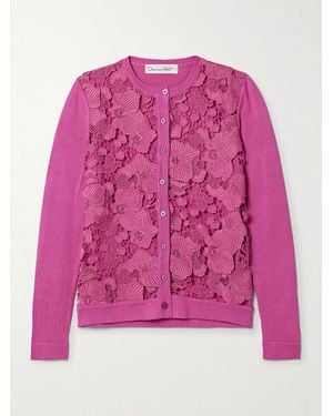 Oscar de la Renta Guipure Lace-Paneled Silk-Blend Cardigan - Pink