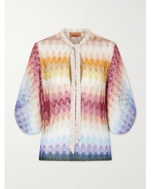 Missoni Tie-Detailed Striped Crochet-Knit Blouse - Gray