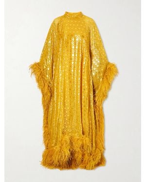 Taller Marmo Casta Diva Feather-Trimmed Jacquard-Knit Metallic Fil Coupé Silk-Blend Gown - Yellow
