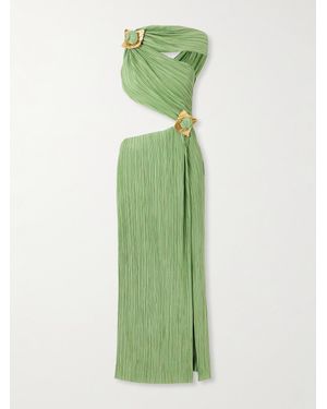 Cult Gaia Loah Asymmetric Cutout Embellished Plissé-Chiffon Midi Dress - Green