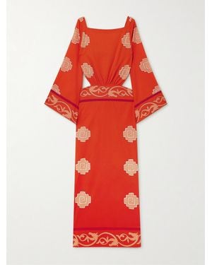 Johanna Ortiz Underwater Sanctuary Open-Back Printed Cotton-Poplin Maxi Dress - Red