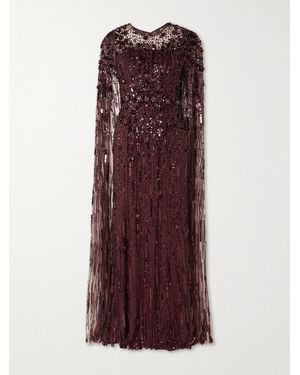 Jenny Packham Ruby Cape-Effect Embellished Tulle Gown - Purple