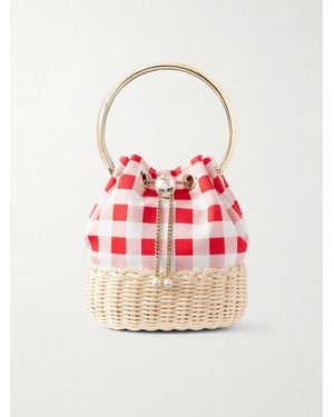 Jimmy Choo Bon Bon Embellished Woven Raffia Checked Woven Top-Handle Bag - Pink