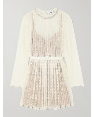 Self-Portrait Belted Crystal-Embellished Pleated Lace Mini Dress - Natural