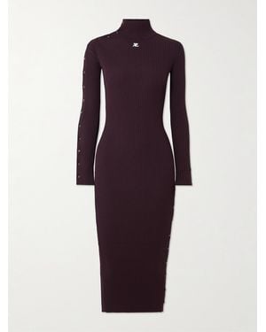 Courreges Embroidered Ribbed-Knit Turtleneck Midi Dress - Purple