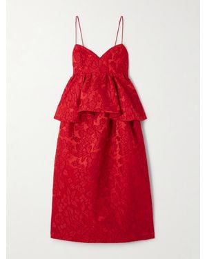 La DoubleJ Satine Floral-Jacquard Matelassé Peplum Midi Dress - Red