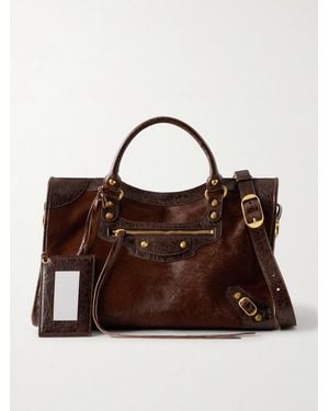 Balenciaga Le City Crinkled Leather-Trimmed Pony Hair Shoulder Bag - Brown