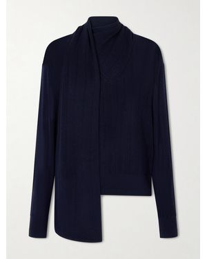 Maria McManus Scarf-Detailed Ribbed Merino Wool Sweater - Blue