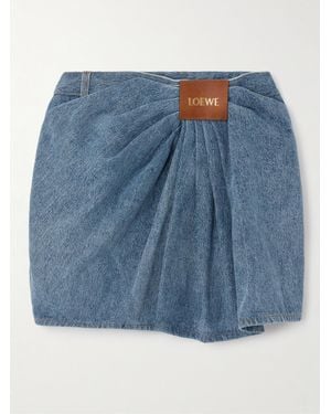 Loewe Leather-Trimmed Draped Denim Mini Skirt - Blue
