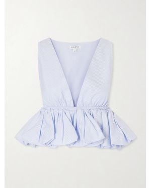 Alaïa Cropped Ruffled Striped Cotton-Poplin Blouse - Blue