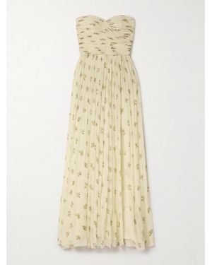 Adam Lippes Estelle Strapless Gathered Floral-Print Silk-Crepon Gown - Metallic