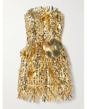 Oscar de la Renta Belted Strapless Appliquéd Faux Leather Mini Dress - Yellow