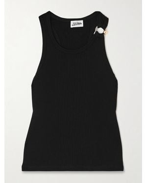 Jean Paul Gaultier Embellished Ribbed Cotton-Jersey Tank - Black