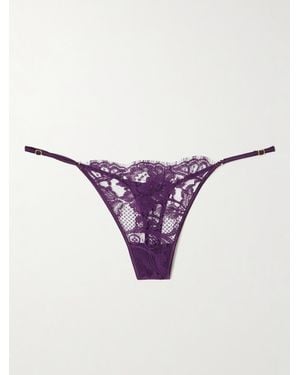 Kiki de Montparnasse Camille Stretch-Silk Satin-Trimmed Organic Cotton-Lace Thong - Purple