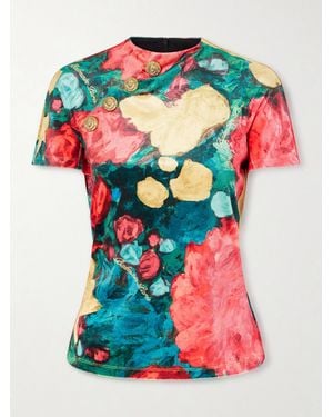 Balmain Embellished Floral-Print Velvet T-Shirt - Red