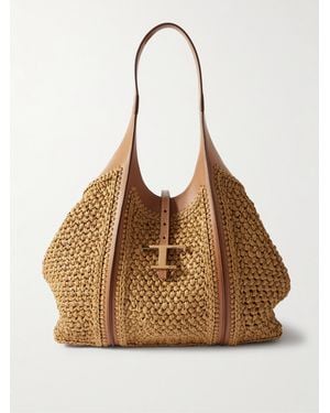Tod's T Timeless Leather-Trimmed Raffia Shoulder Bag - Brown