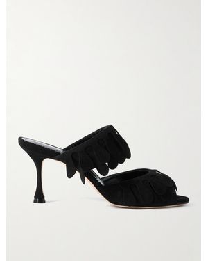 Manolo Blahnik Kelna 70 Fringed Suede Sandals - Black