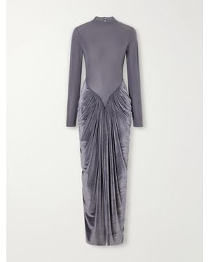 Maygel Coronel Guernica Draped Mesh And Velvet Maxi Dress - Gray