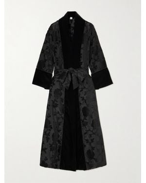 Loretta Caponi Porzia Velvet-Trimmed Fil Coupé Satin Robe - Black