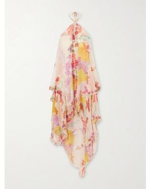 Donde Esteban Flores Ruffled Asymmetric Lace-Trimmed Silk-Chiffon Halterneck Maxi Dress - Pink