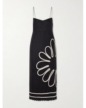 Cala De La Cruz Paloma Bead-Embellsihed Embroidered Linen Midi Dress - White