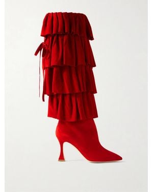 Manolo Blahnik Mifalone 90 Tiered Ruffled Suede Knee Boots