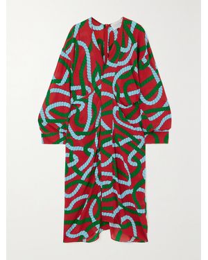 AZ FACTORY Draped Printed Crepe De Chine Midi Dress - Red