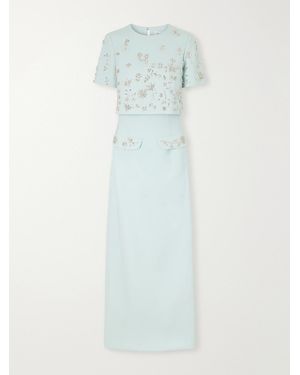 Oscar de la Renta Crystal-Floral Embroidered Stretch-Wool Gown - Blue
