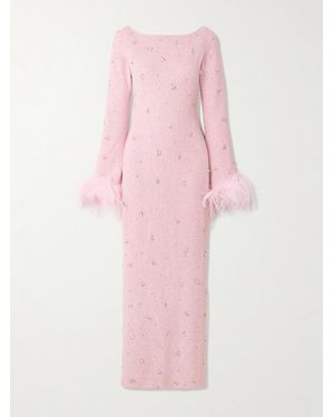 Clio Peppiatt Mae Feather-Trimmed Embellished Stretch-Mesh Gown - Pink