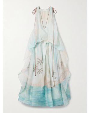 Zimmermann Illuminate Robe Aus Einer Bedruckten Leinen-Seidenmischung Mit Zierperlen - Blau