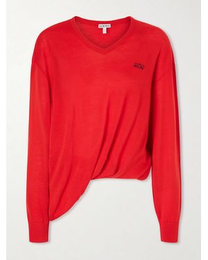 Loewe Asymmetric Draped Embroidered Wool-Blend Sweater - Rot