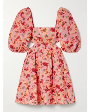Zimmermann Lightburst Pleated Cutout Floral-Print Linen Mini Dress - Red