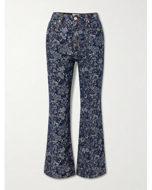 Ganni Betzy Floral-Jacquard Cropped High-Rise Straight-Leg Organic Jeans - Blue