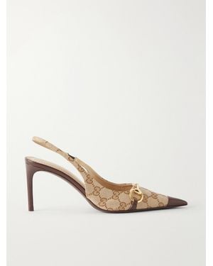 Gucci Donna 80 Horsebit-Detailed Leather-Trimmed Gg Supreme Canvas-Jacquard Pumps - Natural