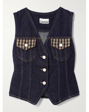 Ganni Neppy Checked Tweed-Trimmed Organic Denim Vest - Blue