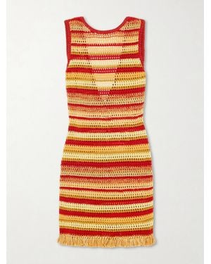 Escvdo Nevado Fringed Striped Crocheted Cotton Mini Dress - Orange