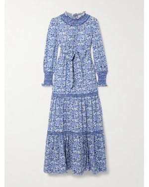 Loretta Caponi Loretta Reed Tiered Embroidered Lyocell Maxi Dress - Blue